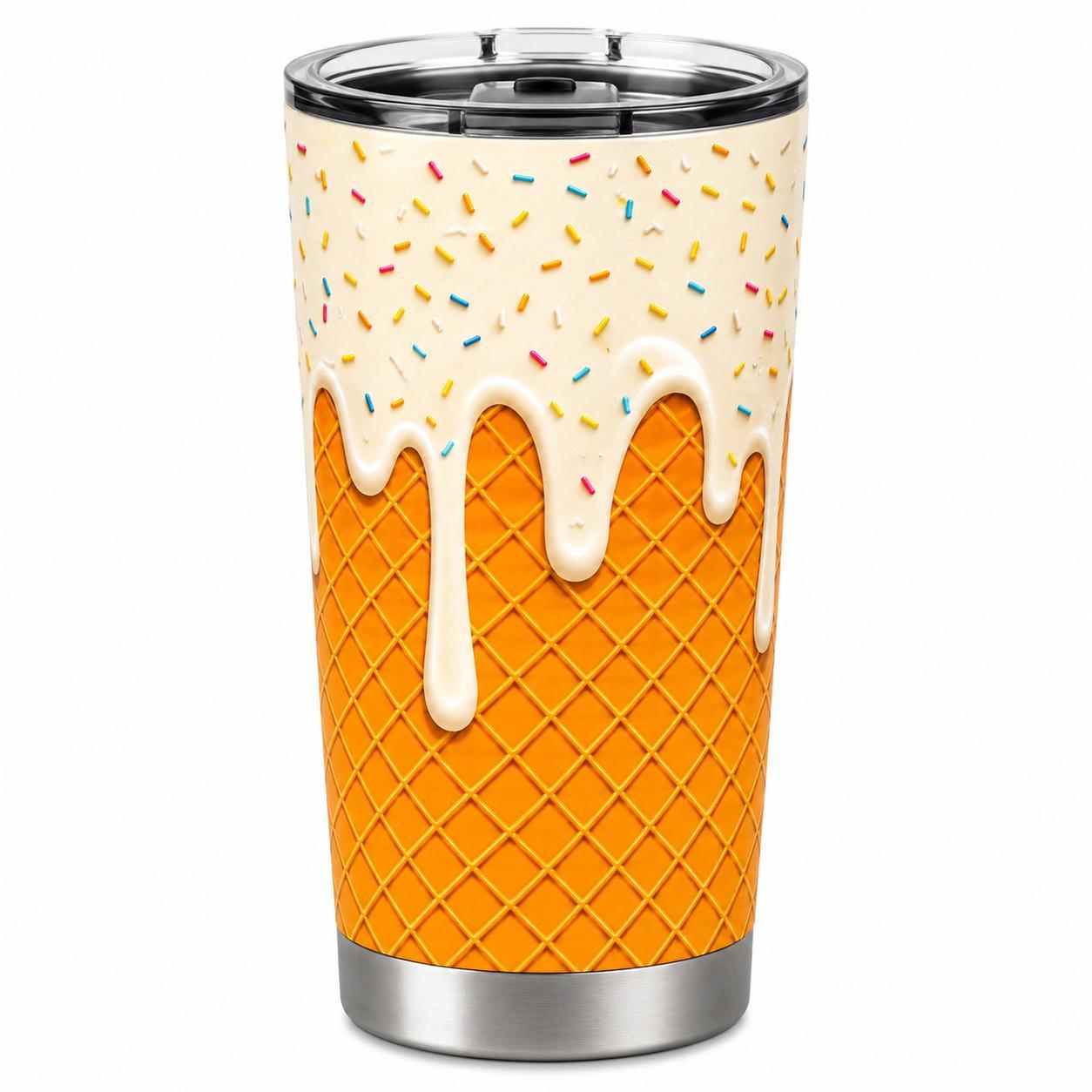 20oz Stainless Steel Insulated Ice Cream Cone 2D Printed Flask with Lid, Stylish Portable Cute Blue Frosting Sprinkle Leakproof Travel Mug, Hot-Cold Drinkware Gift for Women, Flasks