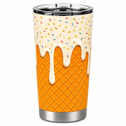20oz Stainless Steel Insulated Ice Cream Cone 2D Printed Flask with Lid, Stylish Portable Cute Blue Frosting Sprinkle Leakproof Travel Mug, Hot-Cold Drinkware Gift for Women, Flasks