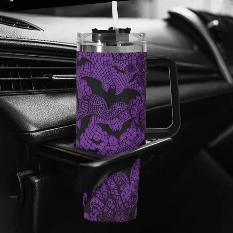 40oz Double-Wall Stainless Steel Insulated Reusable Flask - Aesthetic Dark Purple Lace Bat Gothic Halloween 2D Print Travel Coffee Cup with Handle, Straw, Lid, Women's Gift