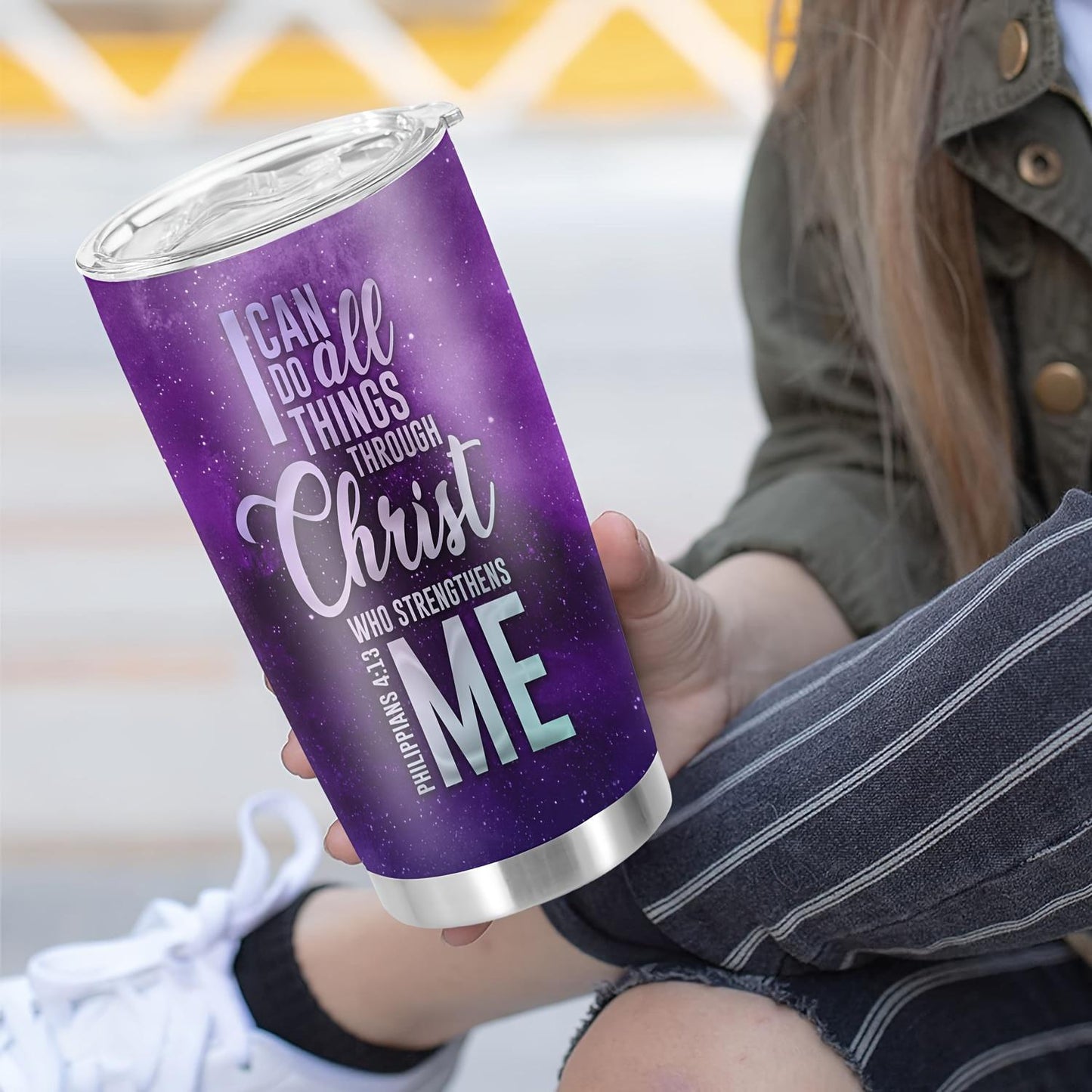 1pc 20oz Stainless Steel Tumbler |     Double Wall Vacuum  Travel Mug with Inspirational "I Can Do All Things Through Christ" Print - Durable Coffee Travel Mug, Inspirational Quote Mug