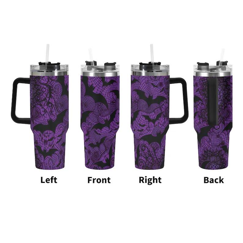 40oz Double-Wall Stainless Steel Insulated Reusable Flask - Aesthetic Dark Purple Lace Bat Gothic Halloween 2D Print Travel Coffee Cup with Handle, Straw, Lid, Women's Gift
