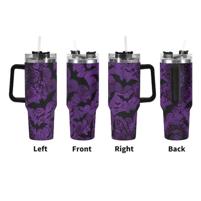 40oz Double-Wall Stainless Steel Insulated Reusable Flask - Aesthetic Dark Purple Lace Bat Gothic Halloween 2D Print Travel Coffee Cup with Handle, Straw, Lid, Women's Gift