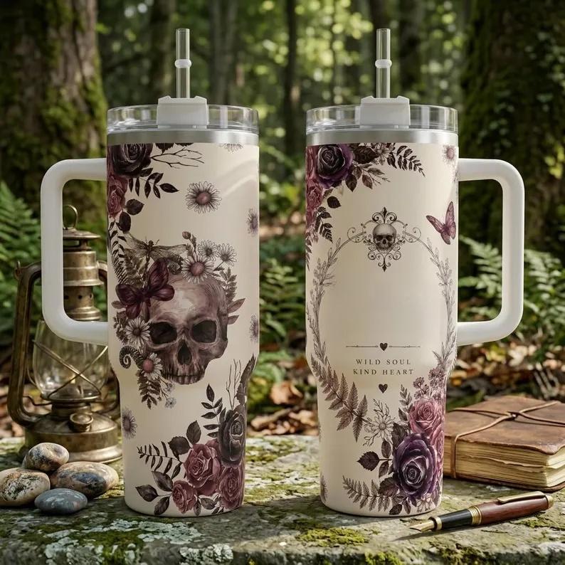 Women's Gothic Floral Skull 40oz Stainless Steel Insulated Flask Tumbler with Handle, Straw, Lid, Dark Rose Butterfly Print, Aesthetic Coffee Travel Cup, Halloween Gift, Flasks, Insulation