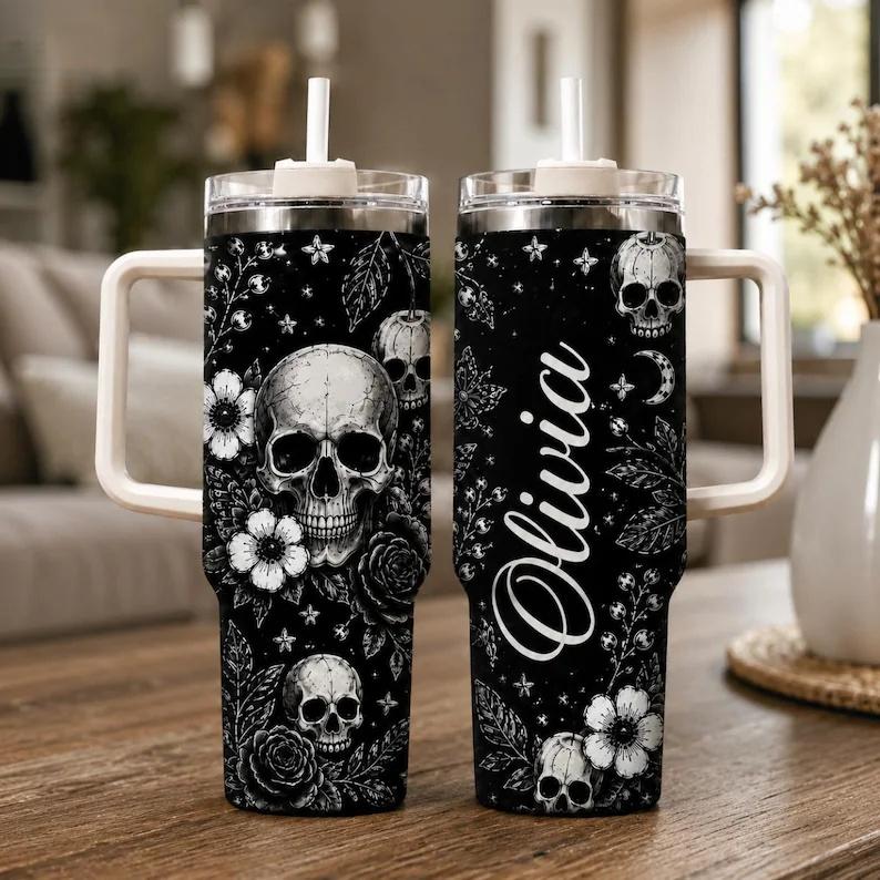 Women's Gothic Floral Skull 40oz Stainless Steel Insulated Flask - Aesthetic Coffee Bottle with Handle, Straw, Black-White Rose Moon Print, Halloween Gift