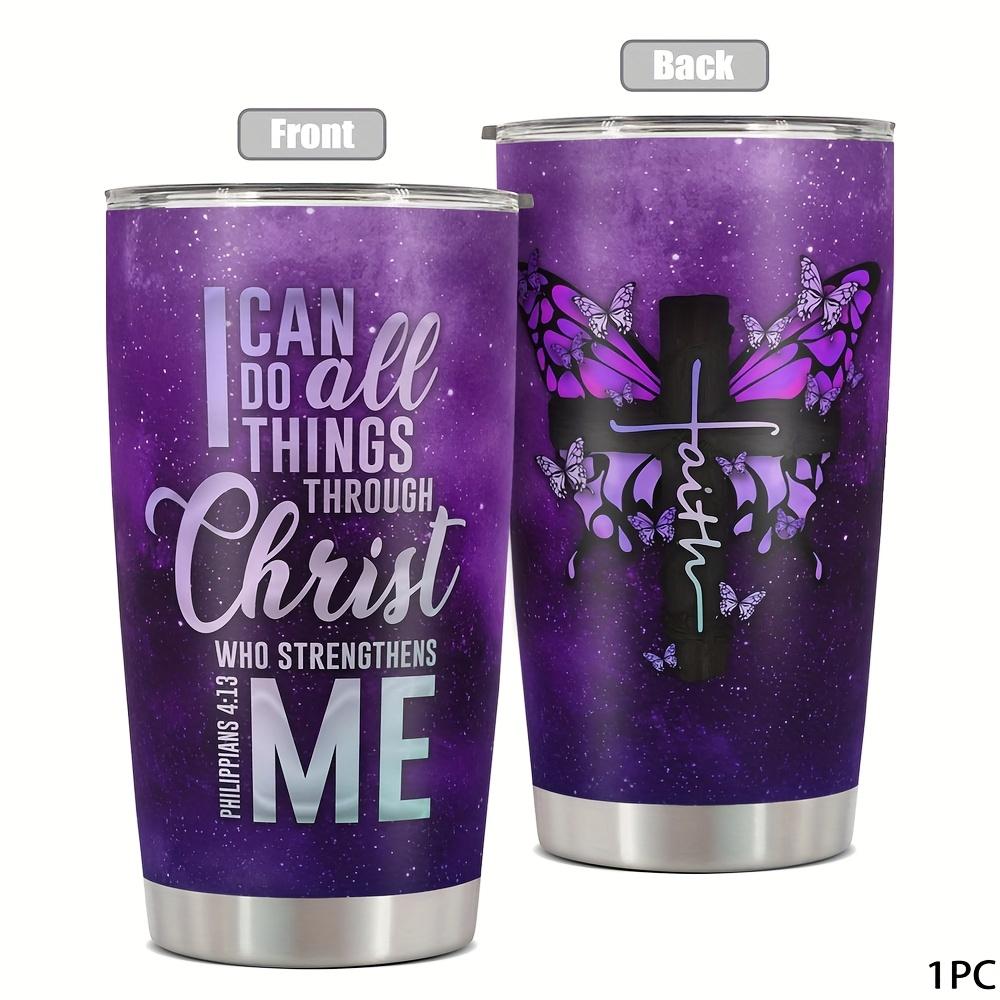 20oz Stainless Steel Christian Gift Tumbler for Women - Portable Leakproof Insulated Vacuum Flask, Bible Verse Travel Mug with Butterfly Cross, "I Can Do All Things Through Christ" Spiritual Present for Mom, Flasks