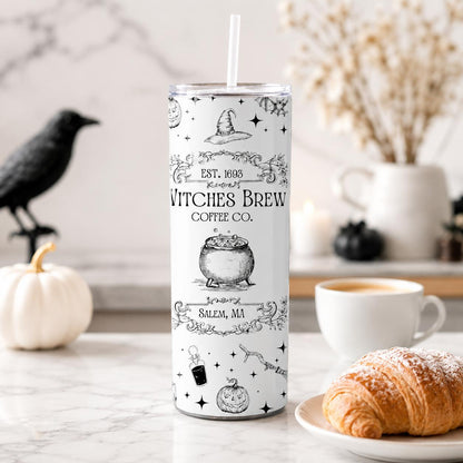 Witches Brew Coffee Co 20oz Slim Straight-Shape Double-Wall Stainless Steel Insulated Travel Tumbler with Straw, Halloween Art Witchy Cauldron Drinkware, Travel Gift for Women