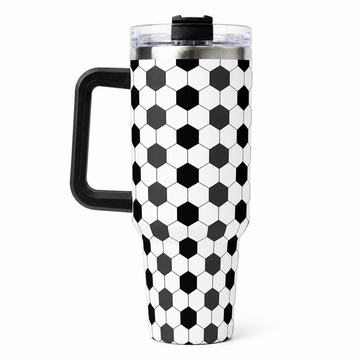 Soccer Practice and Game Day 40oz Insulated Water Tumbler with Handle, Black and White Sports Pattern Stainless Steel Travel Cup, Cup Holder Friendly All-Day Hydration Cup for Sideline