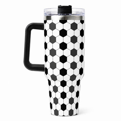 Soccer Practice and Game Day 40oz Insulated Water Tumbler with Handle, Black and White Sports Pattern Stainless Steel Travel Cup, Cup Holder Friendly All-Day Hydration Cup for Sideline