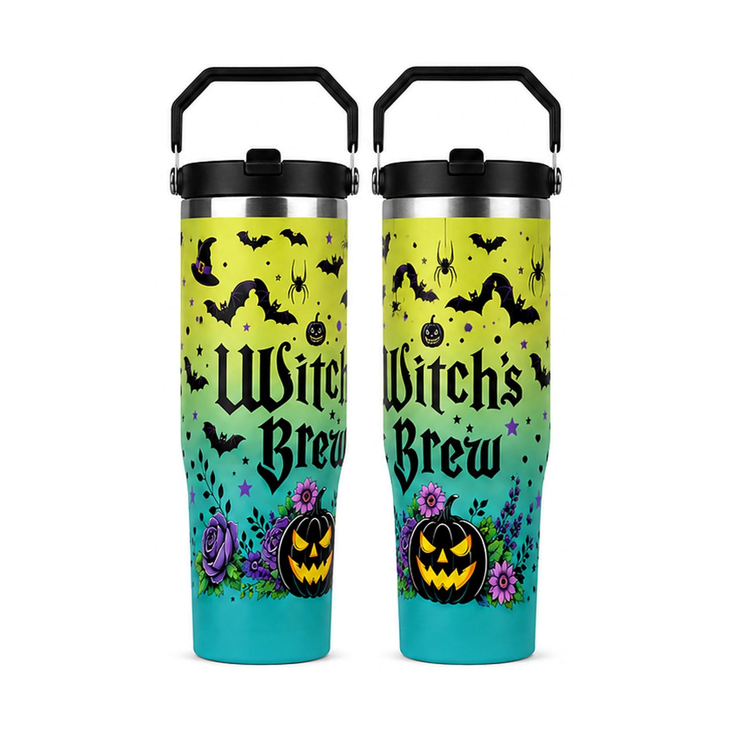 30oz Cylindrical Halloween Witch Brew Tumbler with Handle, Lid & Straw - Stainless Steel Insulated Portable Vacuum Flask, Colorful Bat Pumpkin Witch Print Coffee Cup, Spooky Season Halloween Gift for Women, Flasks, Cylindrical Tumbler, Insulated Mug