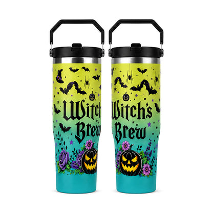 30oz Cylindrical Halloween Witch Brew Tumbler with Handle, Lid & Straw - Stainless Steel Insulated Portable Vacuum Flask, Colorful Bat Pumpkin Witch Print Coffee Cup, Spooky Season Halloween Gift for Women, Flasks, Cylindrical Tumbler, Insulated Mug