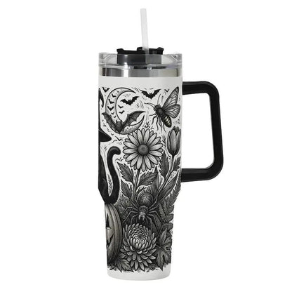 40oz Insulated Witchy Black Cat Stainless Steel Flask with Handle and Straw, Halloween Ghost-Pumpkin Floral Gothic Spooky Travel Coffee Mug, Flasks