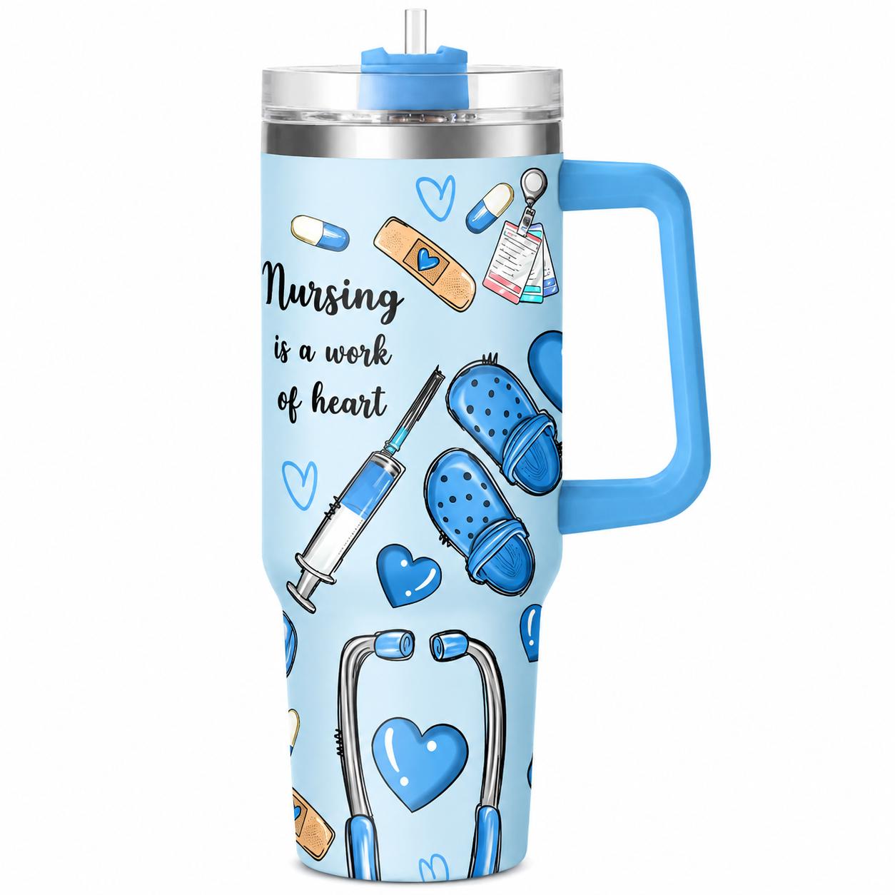 Hospital Shift 40oz Insulated Water Tumbler with Handle and Straw, Proverbs 31:13 Christian Nurse Stainless Steel Travel Cup, Cup Holder Friendly All-Day Hydration Cup for Work and Commute