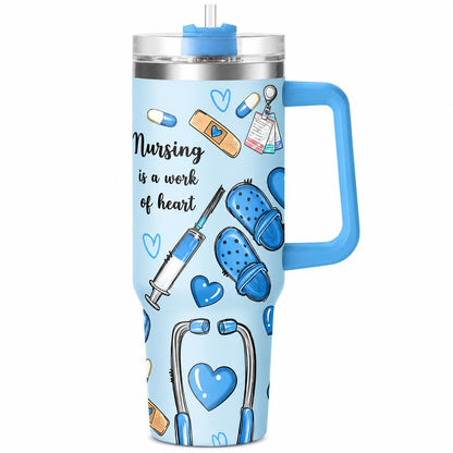 Hospital Shift 40oz Insulated Water Tumbler with Handle and Straw, Proverbs 31:13 Christian Nurse Stainless Steel Travel Cup, Cup Holder Friendly All-Day Hydration Cup for Work and Commute