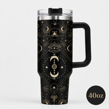 Witchy Moon 40oz Stainless Steel Insulated Tumbler with Handle and Straw, Celestial Sun Star Eye 2D Printed Travel Cup, Gift for Moon Lovers