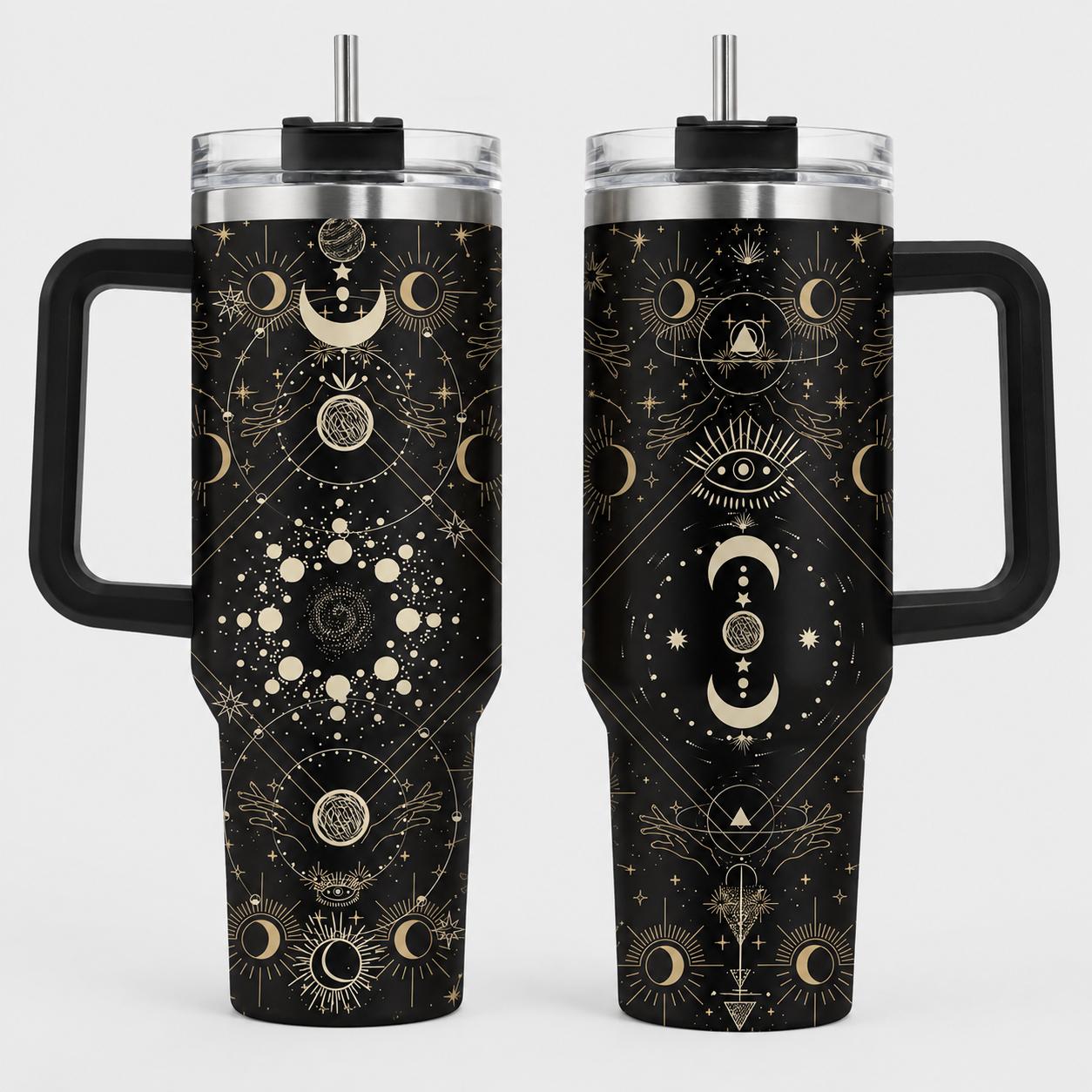 Witchy Moon 40oz Stainless Steel Insulated Tumbler with Handle and Straw, Celestial Sun Star Eye 2D Printed Travel Cup, Gift for Moon Lovers