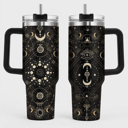 Witchy Moon 40oz Stainless Steel Insulated Tumbler with Handle and Straw, Celestial Sun Star Eye 2D Printed Travel Cup, Gift for Moon Lovers