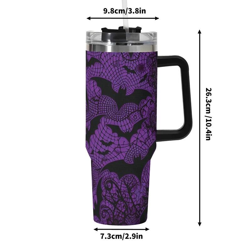 40oz Double-Wall Stainless Steel Insulated Reusable Flask - Aesthetic Dark Purple Lace Bat Gothic Halloween 2D Print Travel Coffee Cup with Handle, Straw, Lid, Women's Gift