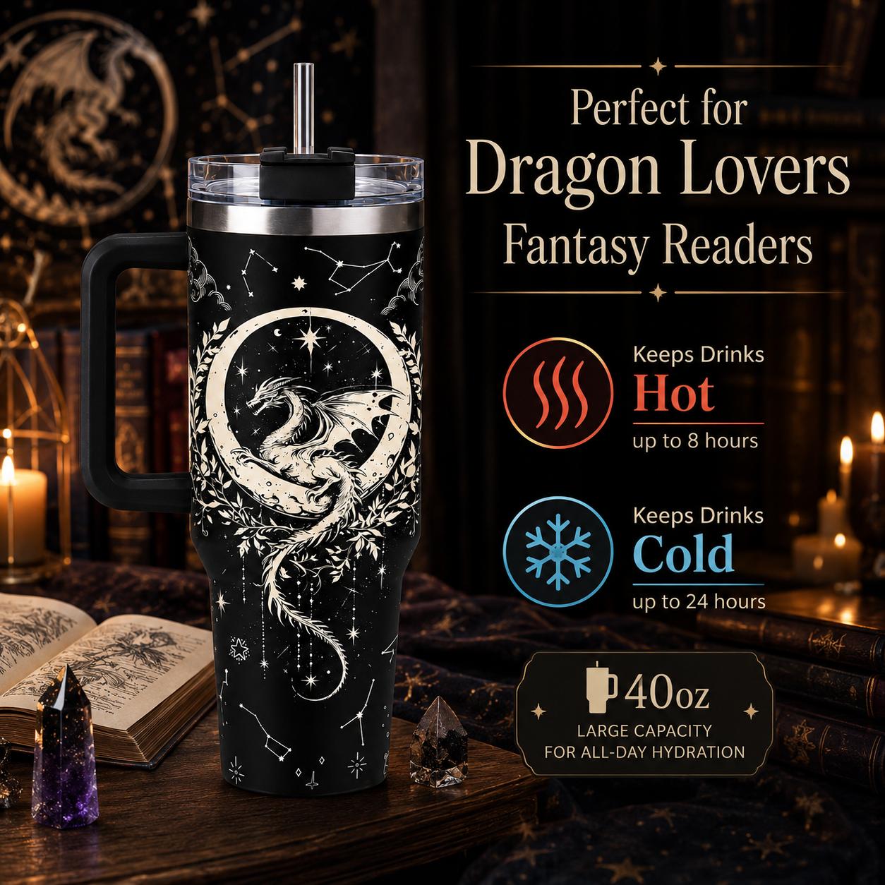 Fantasy Dragon 40oz Stainless Steel Insulated Tumbler with Handle and Straw, Black White Moon Star Celestial 2D Printed Travel Cup,Fantasy Gift for Women and Men