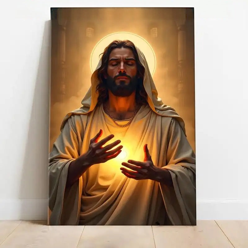 Sacred Heart Jesus portrait with a golden halo Canvas Wall Art – Christian & Faith Decor