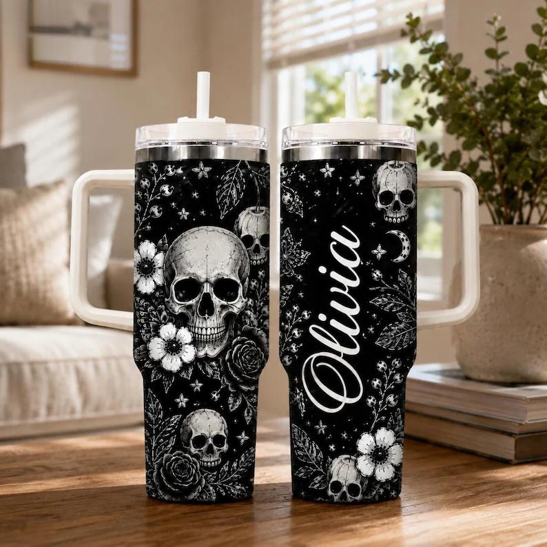 Women's Gothic Floral Skull 40oz Stainless Steel Insulated Flask - Aesthetic Coffee Bottle with Handle, Straw, Black-White Rose Moon Print, Halloween Gift