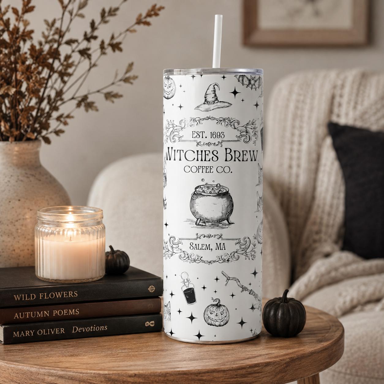 Witches Brew Coffee Co 20oz Slim Straight-Shape Double-Wall Stainless Steel Insulated Travel Tumbler with Straw, Halloween Art Witchy Cauldron Drinkware, Travel Gift for Women