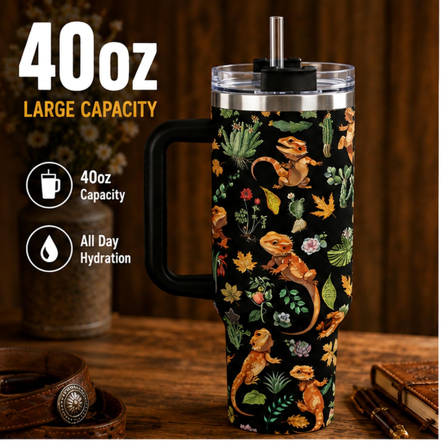 Cute Lizard 40oz Stainless Steel Insulated Tumbler with Handle and Straw, Funny Animal Plant Cactus Printed Travel Cup, Gift for Pet Lovers