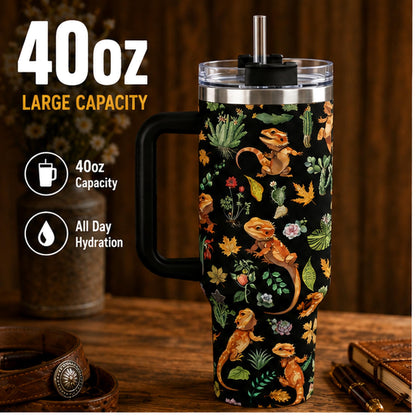 Cute Lizard 40oz Stainless Steel Insulated Tumbler with Handle and Straw, Funny Animal Plant Cactus Printed Travel Cup, Gift for Pet Lovers