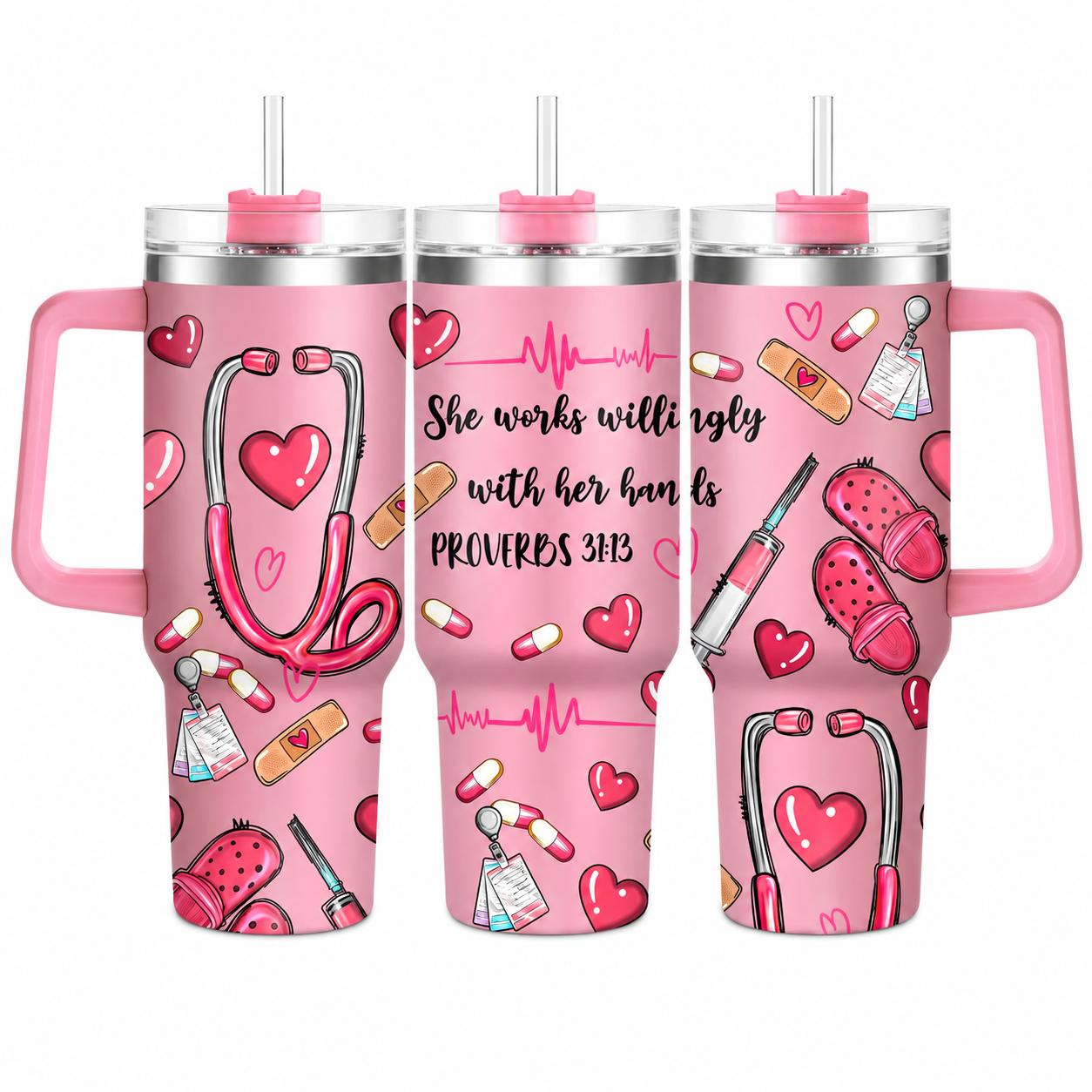 Hospital Shift 40oz Insulated Water Tumbler with Handle and Straw, Proverbs 31:13 Christian Nurse Stainless Steel Travel Cup, Cup Holder Friendly All-Day Hydration Cup for Work and Commute