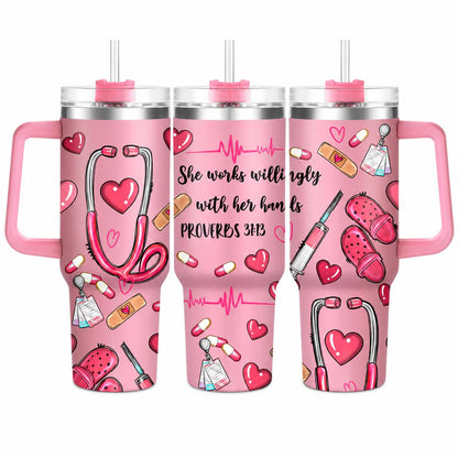 Hospital Shift 40oz Insulated Water Tumbler with Handle and Straw, Proverbs 31:13 Christian Nurse Stainless Steel Travel Cup, Cup Holder Friendly All-Day Hydration Cup for Work and Commute