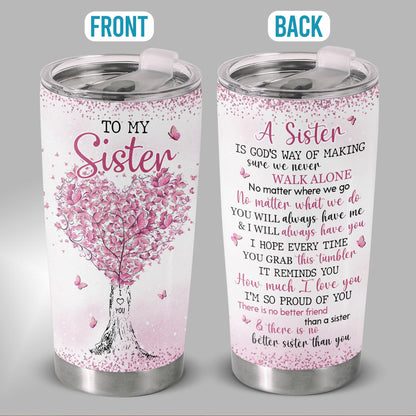 20oz Insulated Leakproof Portable Flask - Gift for My Sister, Heart Tree & Pink Butterflies Design Coffee Cup with Sentimental Quote for Birthday, Christmas