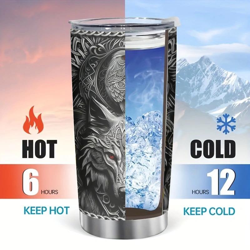 20oz Viking-Themed Stainless Steel Tumbler - Double-Wall Insulated Portable Coffee Flask, Wolf & Celtic Knot Design, Hot/Cold Iced Tea Bottle - Reusable Hand-Wash Only Gift for Men (Birthday, Christmas), Flasks