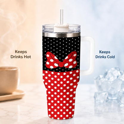 1 Pc 40oz polka dot insulated tumbler with handle and lid, red bow stainless steel vacuum cup, cute cartoon aesthetic thermal travel mug for iced coffee and water, keeps hot 12h cold 24h, trendy gift for women girls daily office use, Insulated Drinkware
