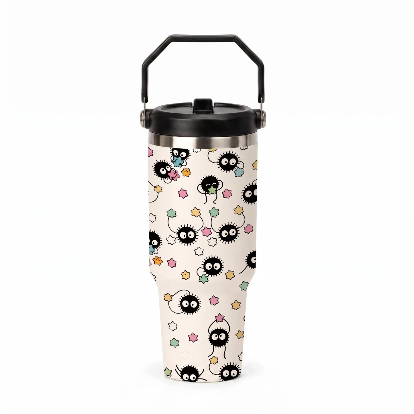 Cute Japanese Cartoon Sprite 30oz Stainless Steel Travel Cup with Handle and Straw, Kawaii Star Candy Pattern Coffee Tumbler for Office, School and Road Trips, Cup Holder Friendly Daily Water Drinkware for Car