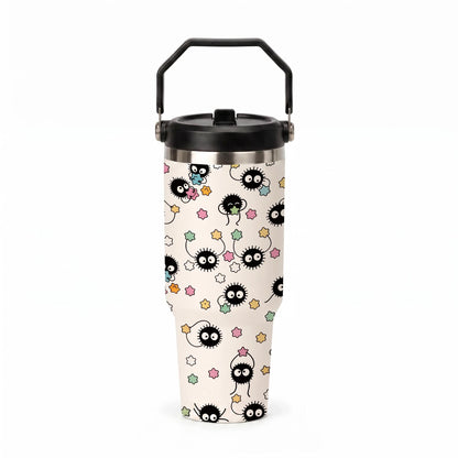 Cute Japanese Cartoon Sprite 30oz Stainless Steel Travel Cup with Handle and Straw, Kawaii Star Candy Pattern Coffee Tumbler for Office, School and Road Trips, Cup Holder Friendly Daily Water Drinkware for Car