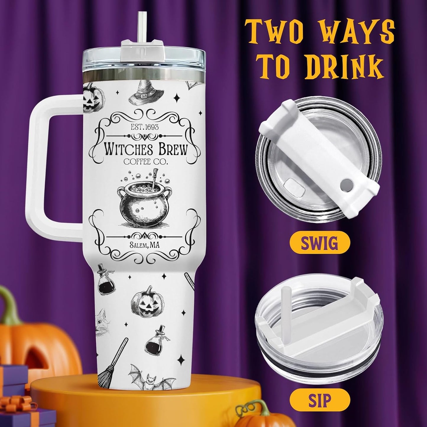 Witches Brew Coffee 40oz Stainless Steel Insulated Tumbler with Handle and Straw, Vintage Cauldron Potion Broom Pumpkin Bat Printed Travel Cup, Halloween Gift