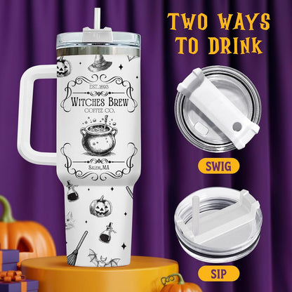 Witches Brew Coffee 40oz Stainless Steel Insulated Tumbler with Handle and Straw, Vintage Cauldron Potion Broom Pumpkin Bat Printed Travel Cup, Halloween Gift