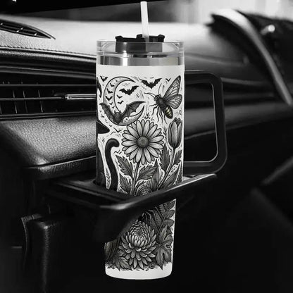 40oz Insulated Witchy Black Cat Stainless Steel Flask with Handle and Straw, Halloween Ghost-Pumpkin Floral Gothic Spooky Travel Coffee Mug, Flasks