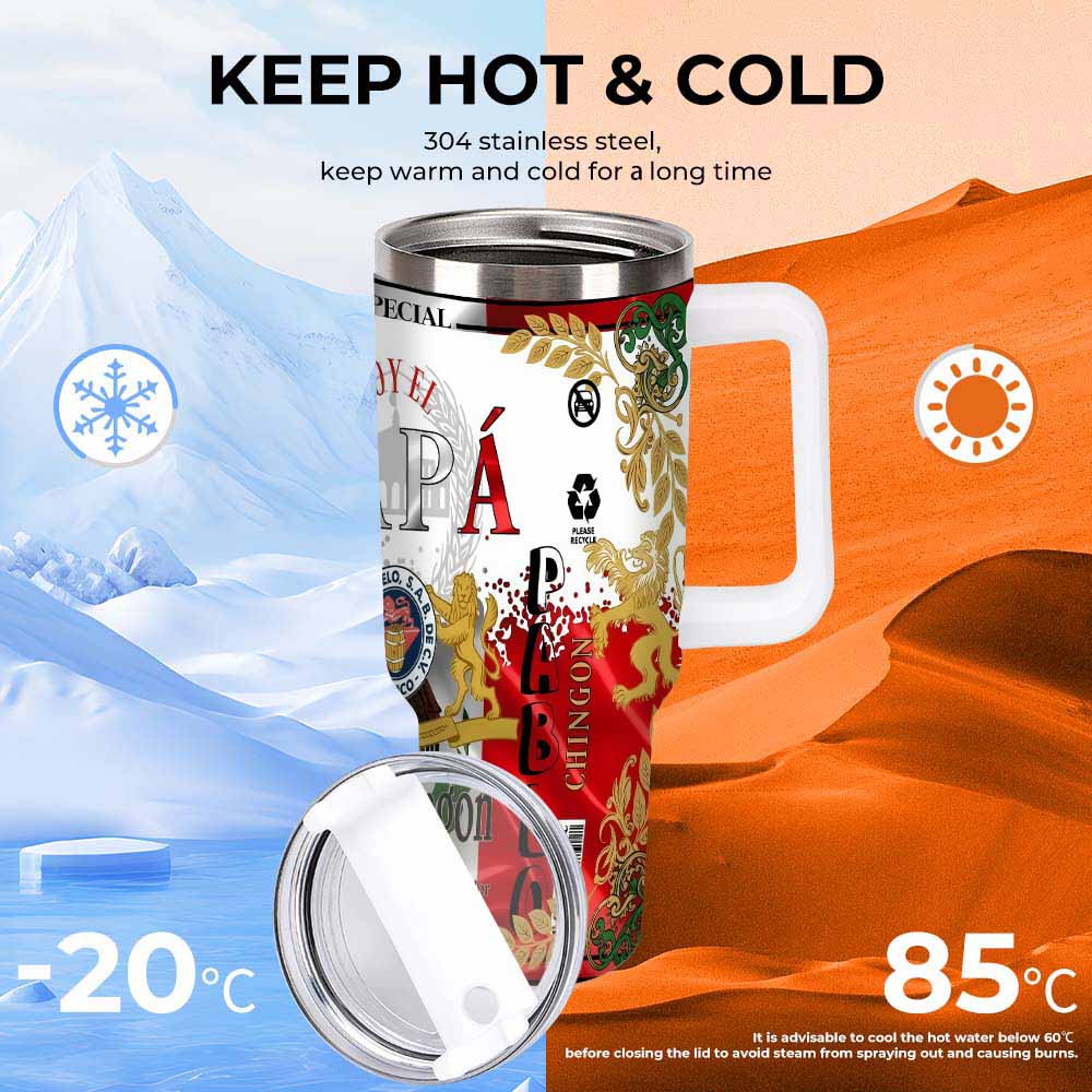 Insulated Stainless Steel Tumbler (20oz/30oz/40oz) with Handle, Mexican Flag Beer-Inspired Portable Flask Water Bottle, Car Cup Holder Friendly, Funny Father's Day Gift for Dad, Mexican Pride Kitchenware Drinkware