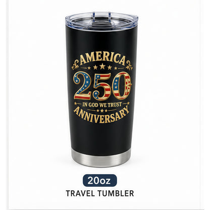 Stylish 20oz America 250 Anniversary Patriotic Mug, Advanced Double-Wall Vacuum Insulated Travel Cup, In God We Trust Gingham Design, 4th of July Gift, Car Cup Holder Friendly, Hand Washing Recommended for Adults, Advanced Double-Wall Vacuum Insulation