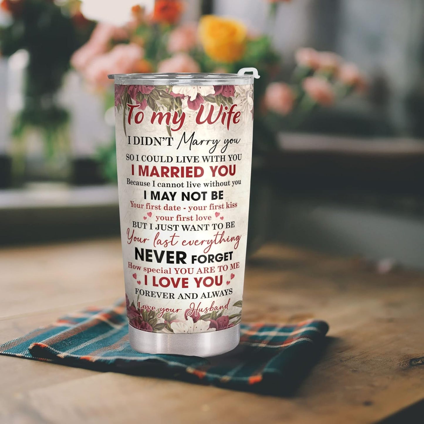 To My Wife Gift from Husband 20oz Tumbler, Romantic Anniversary Birthday Present, Old Couple Back View Art, Vacuum Insulated Travel Mug, Touching Love Quote Coffee Cup, Forever and Always