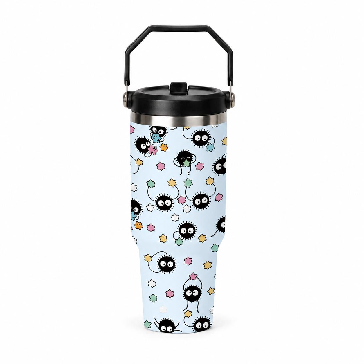 Cute Japanese Cartoon Sprite 30oz Stainless Steel Travel Cup with Handle and Straw, Kawaii Star Candy Pattern Coffee Tumbler for Office, School and Road Trips, Cup Holder Friendly Daily Water Drinkware for Car