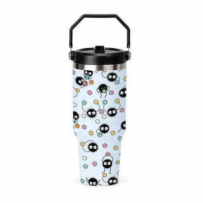 Cute Japanese Cartoon Sprite 30oz Stainless Steel Travel Cup with Handle and Straw, Kawaii Star Candy Pattern Coffee Tumbler for Office, School and Road Trips, Cup Holder Friendly Daily Water Drinkware for Car