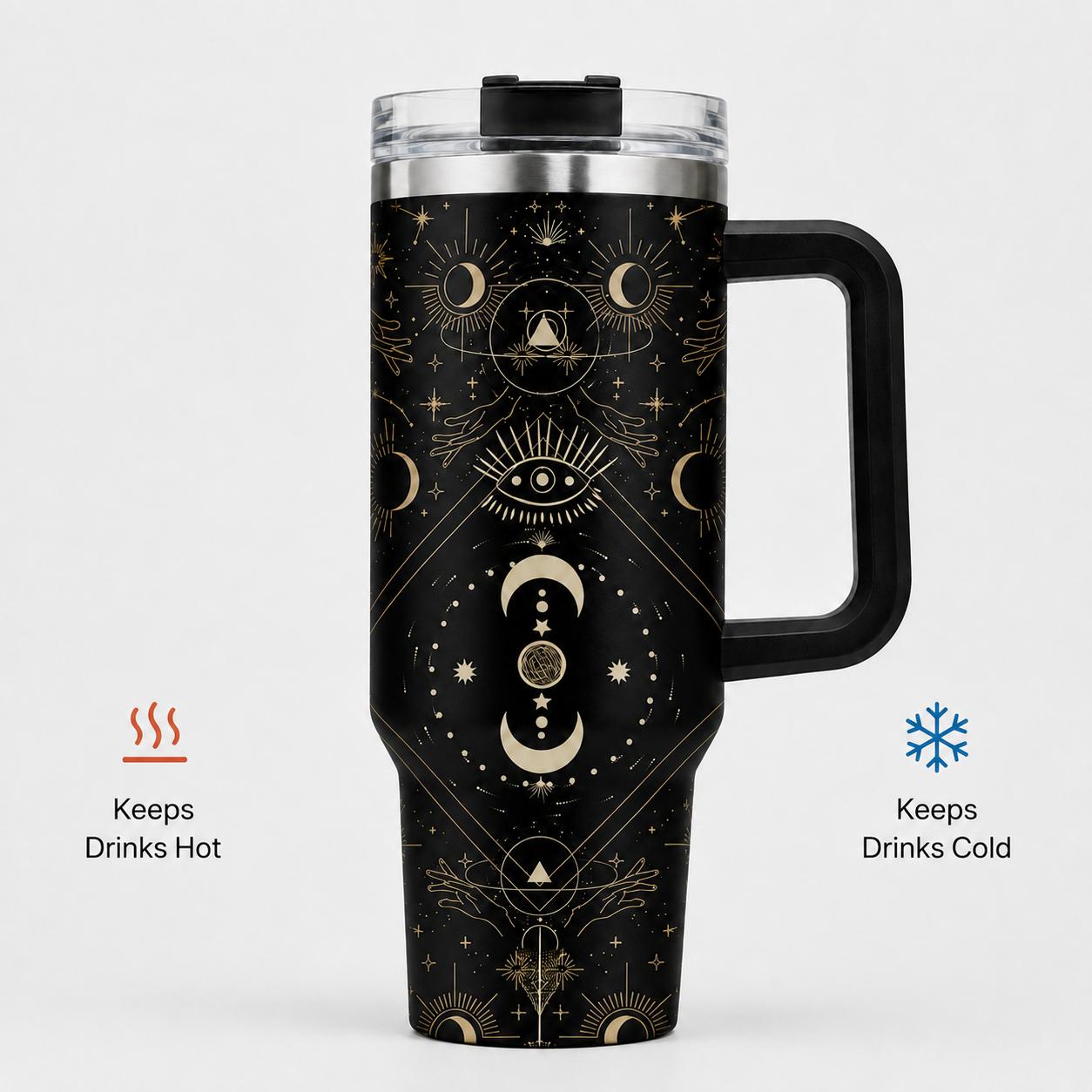 Witchy Moon 40oz Stainless Steel Insulated Tumbler with Handle and Straw, Celestial Sun Star Eye 2D Printed Travel Cup, Gift for Moon Lovers