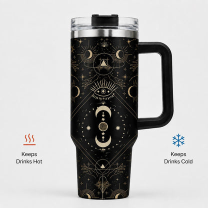 Witchy Moon 40oz Stainless Steel Insulated Tumbler with Handle and Straw, Celestial Sun Star Eye 2D Printed Travel Cup, Gift for Moon Lovers