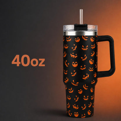 Halloween Pumpkin Face 40oz Stainless Steel Insulated Tumbler with Handle and Straw, Black Orange Jack O Lantern Printed Travel Cup, Spooky Gift