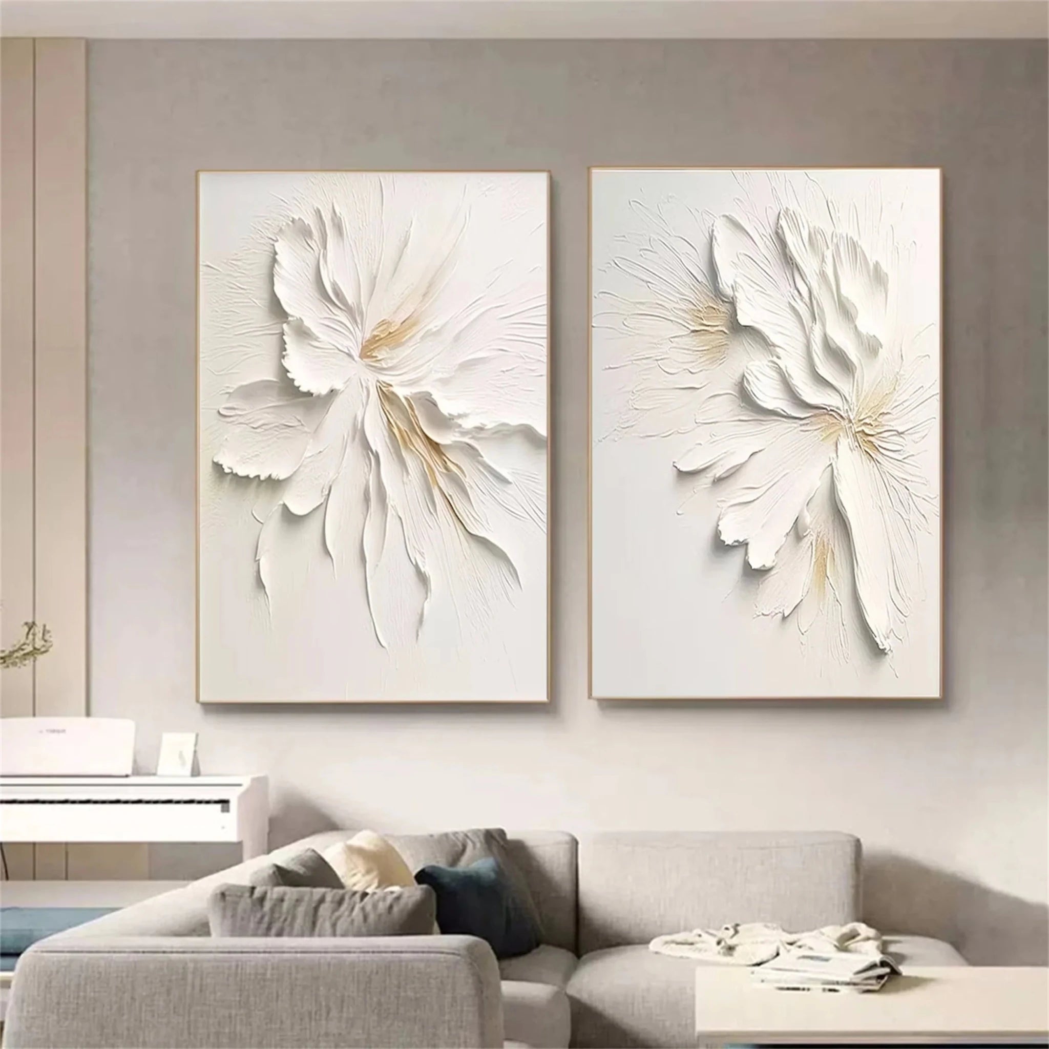3D Heavy Texture White Floral Diptych CZ0092 - Viral Wall Art