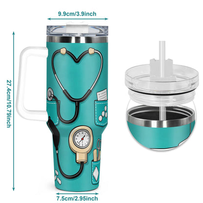 Nurses Week Gift 40oz Insulated Stainless Steel Tumbler with Handle and Straw, Nurse Nutrition Facts Water Tumbler, Graduation Gift for New Nurses and Nursing Students, Hospital Shift Essential Travel Cup