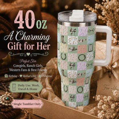 40 oz Stainless Steel Insulated Tumbler with Lid and Handle - Western Patchwork Aesthetic Flask, Portable Reusable Coffee Cup for Women, Office Use, Flasks, Straw, Large