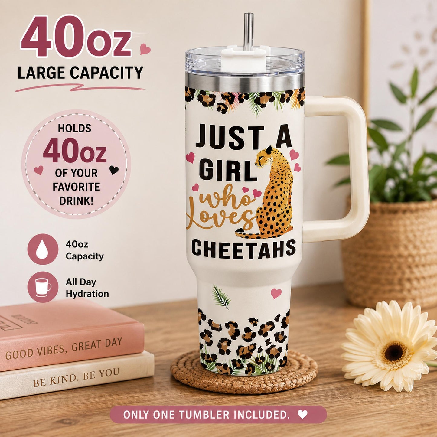 Cheetah Lover 40oz Stainless Steel Insulated Tumbler with Handle and Straw, Leopard Print Heart Tropical Leaf Printed Travel Cup, Gift for Women