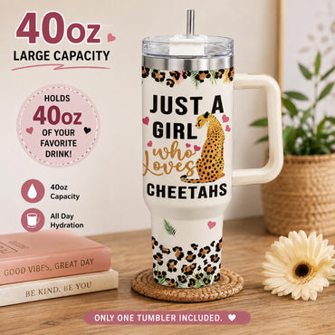 Cheetah Lover 40oz Stainless Steel Insulated Tumbler with Handle and Straw, Leopard Print Heart Tropical Leaf Printed Travel Cup, Gift for Women